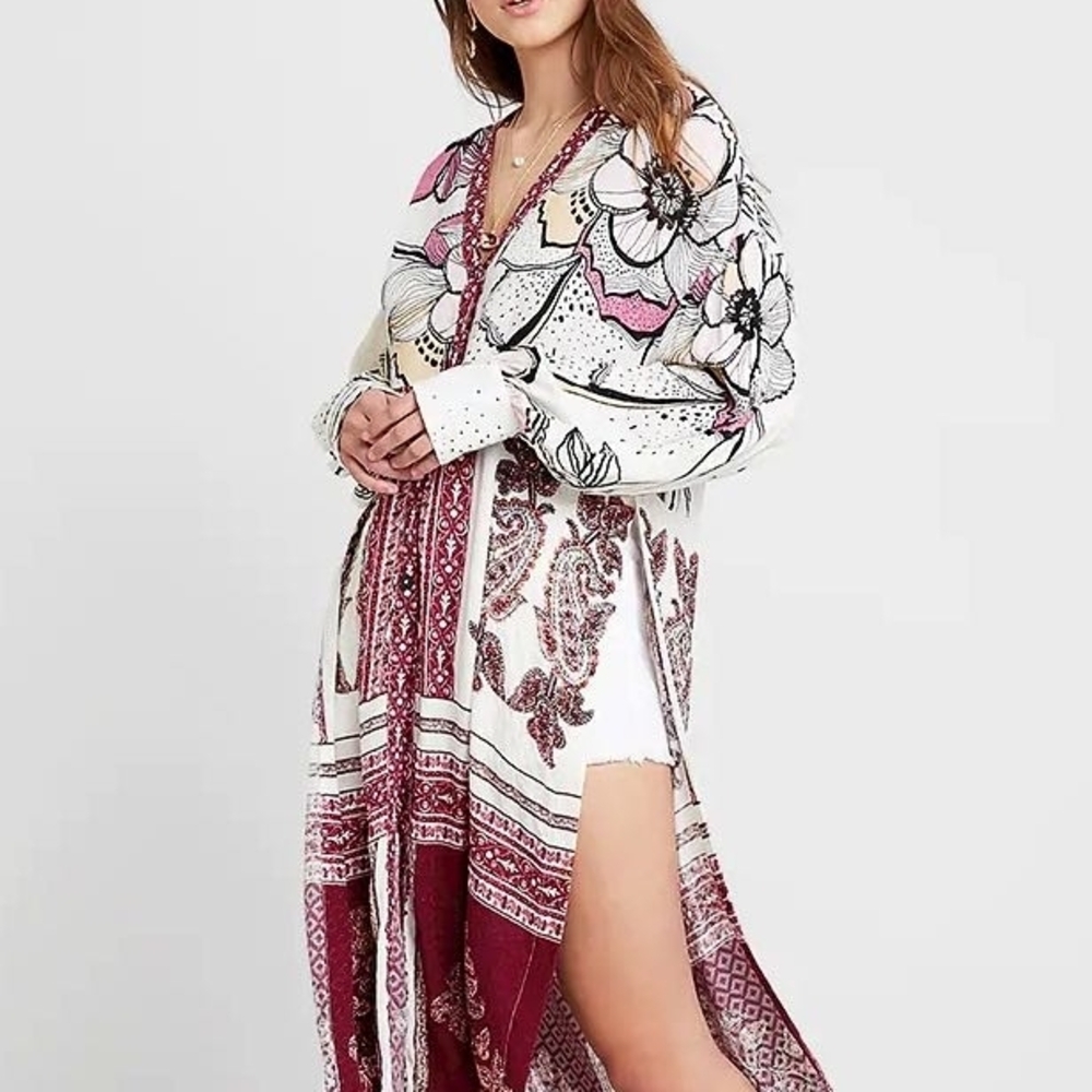 Free People Kimono Boho Maxi Top Beach Cover Up Oversized S Resort Floral Dress - Picture 5 of 16
